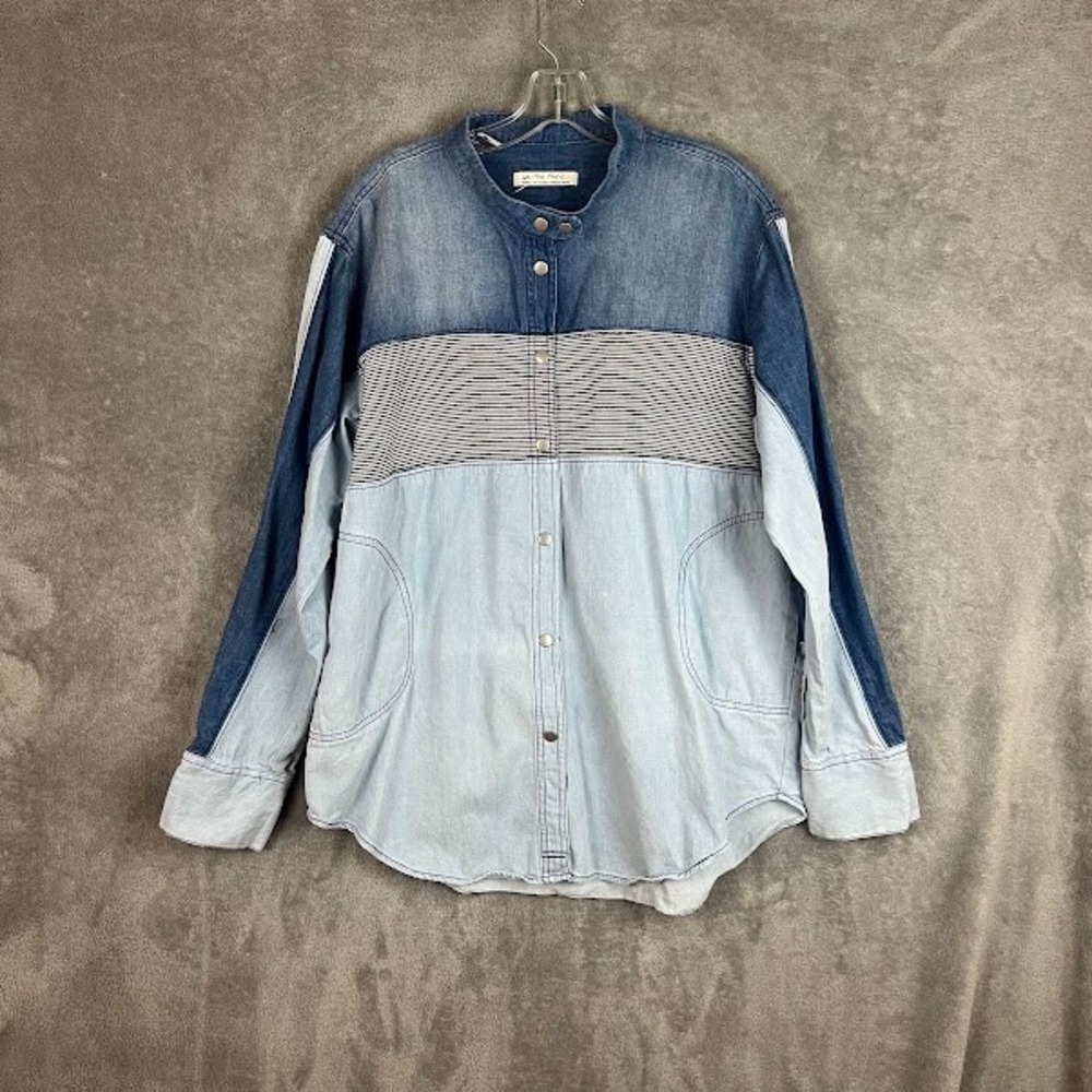 Free People Moto Colorblock Shirt Womens M Denim Patchwork Boho Festival